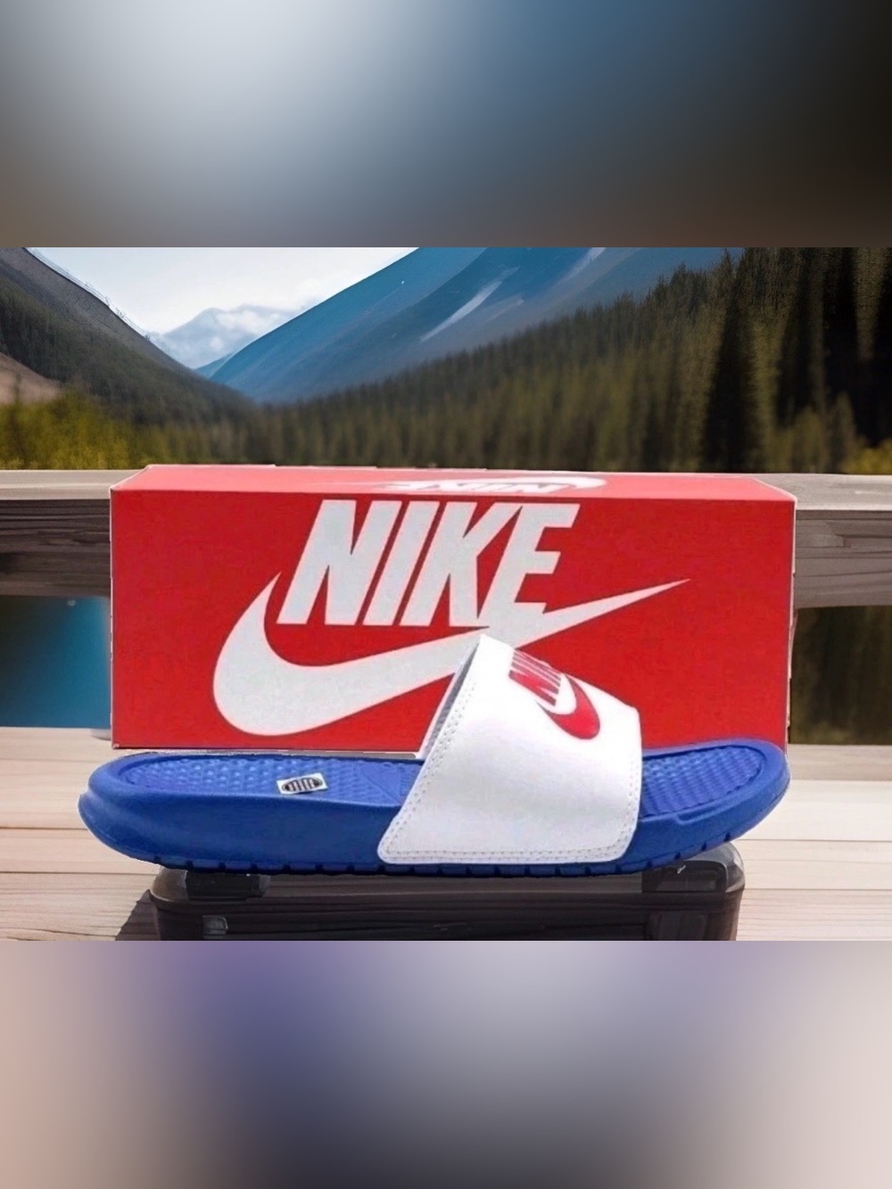 NEW Nike Benassi JDI Sandals Mens Blue White Red Slip On Slipper 343880 410 9-13